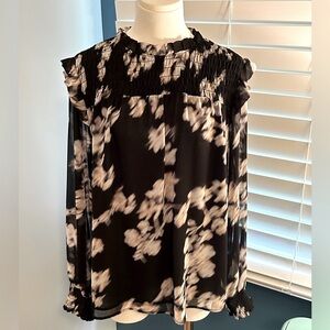 Calvin Klein Black and Cream Ruffled Long Sleeve Blouse